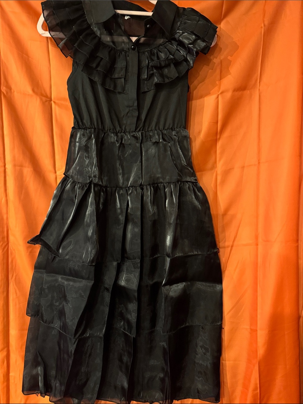 Black Ruffle-Collar Tiered Midi Dress